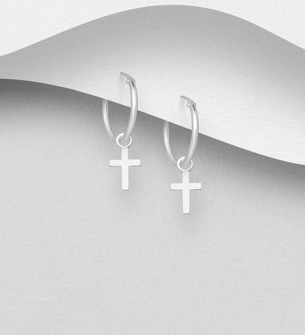 Cross Pendant Loop Earrings in Sterling Silver