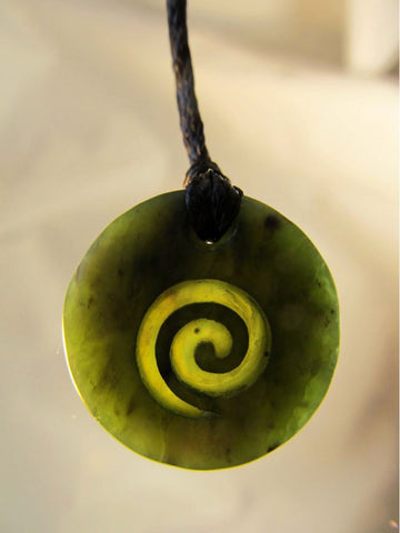Greenstone Round Pendant with carved Koru