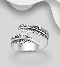 Adjustable Feather Sterling Silver Ring with Antique Finish