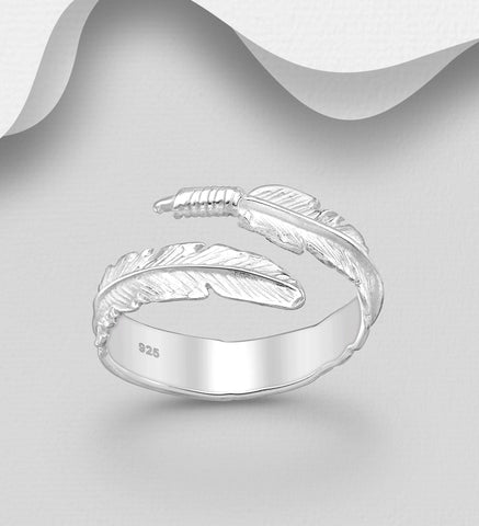 Adjustable Feather Sterling Silver Ring with Polished Silver finish