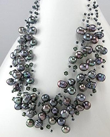 Cascading Pearl Necklace in Tahitian Blue